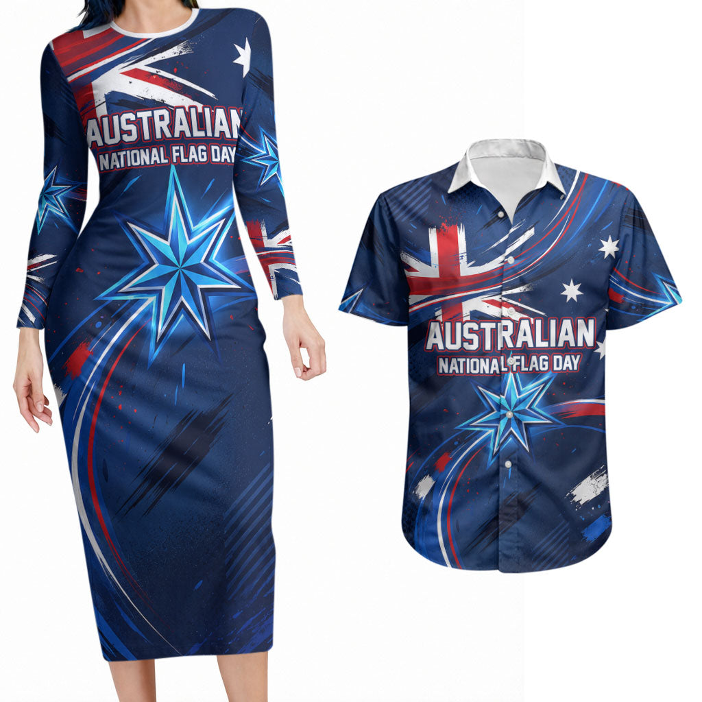 Proud To Be Australian Couples Matching Long Sleeve Bodycon Dress and Hawaiian Shirt Australia Flag Day Waving Commonwealth Star