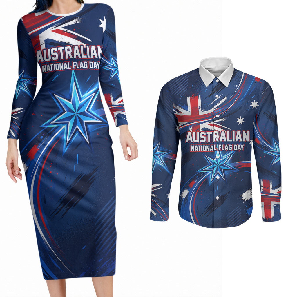 Proud To Be Australian Couples Matching Long Sleeve Bodycon Dress and Long Sleeve Button Shirt Australia Flag Day Waving Commonwealth Star