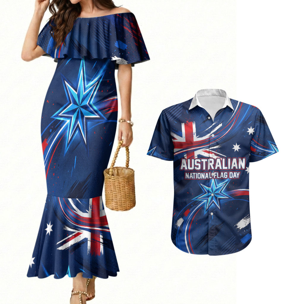Proud To Be Australian Couples Matching Mermaid Dress and Hawaiian Shirt Australia Flag Day Waving Commonwealth Star