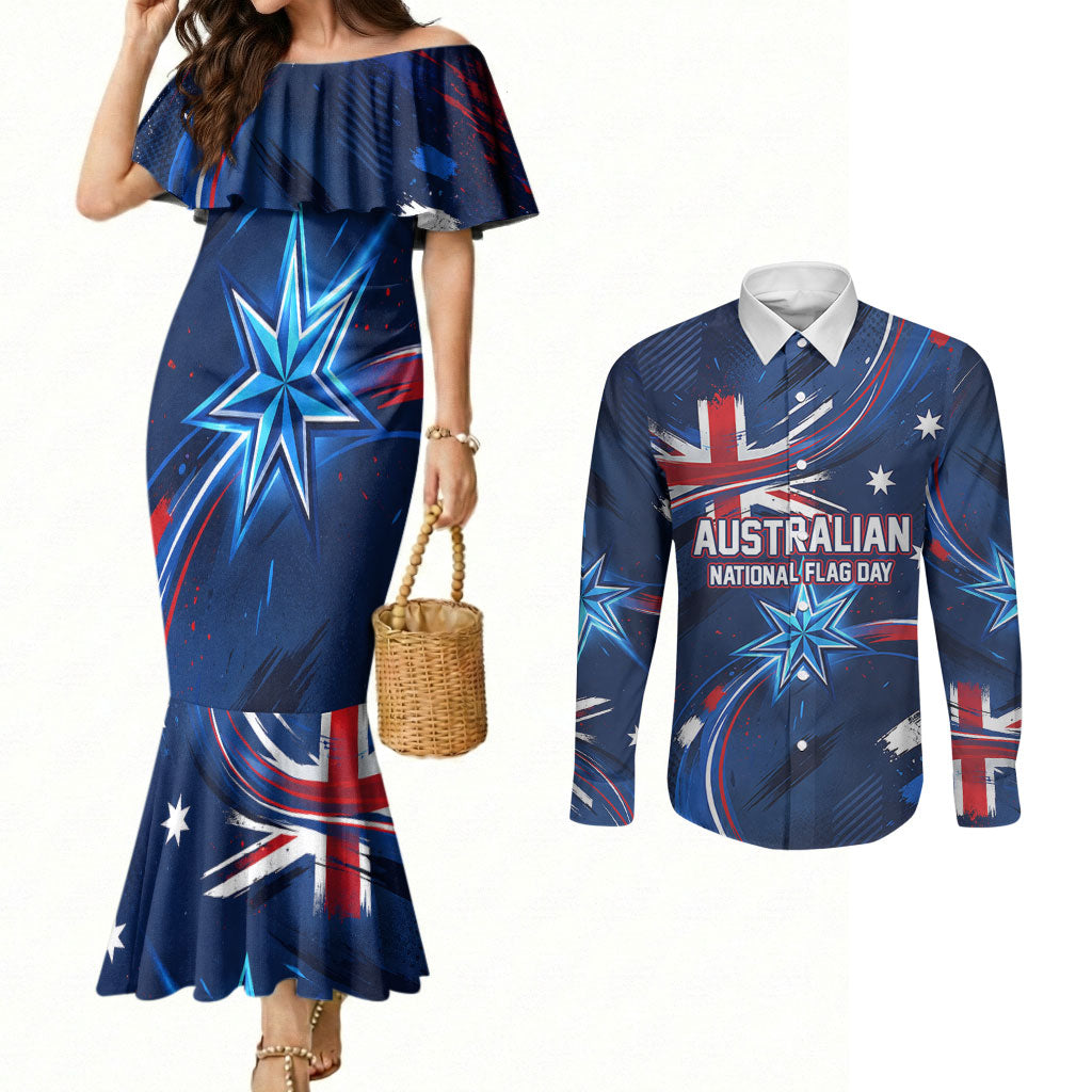 Proud To Be Australian Couples Matching Mermaid Dress and Long Sleeve Button Shirt Australia Flag Day Waving Commonwealth Star