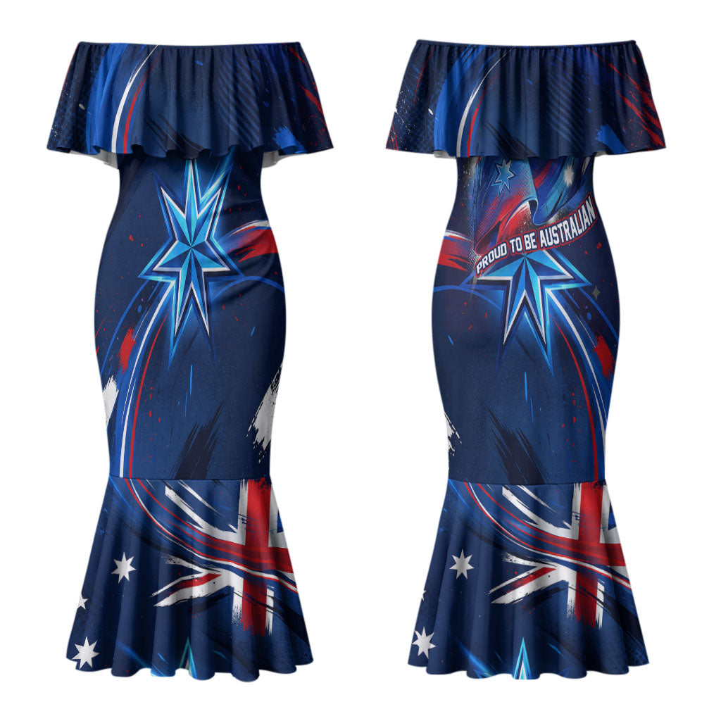 Proud To Be Australian Couples Matching Mermaid Dress and Long Sleeve Button Shirt Australia Flag Day Waving Commonwealth Star