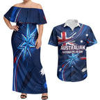 Proud To Be Australian Couples Matching Off Shoulder Maxi Dress and Hawaiian Shirt Australia Flag Day Waving Commonwealth Star