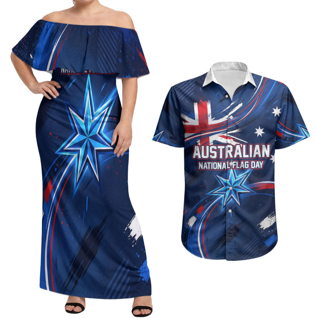 Proud To Be Australian Couples Matching Off Shoulder Maxi Dress and Hawaiian Shirt Australia Flag Day Waving Commonwealth Star