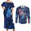 Proud To Be Australian Couples Matching Off Shoulder Maxi Dress and Long Sleeve Button Shirt Australia Flag Day Waving Commonwealth Star