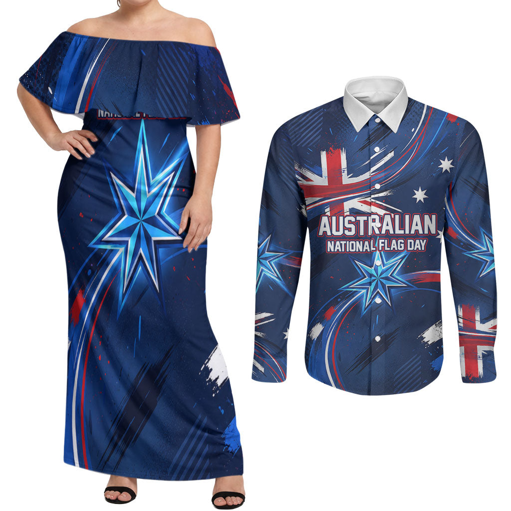 Proud To Be Australian Couples Matching Off Shoulder Maxi Dress and Long Sleeve Button Shirt Australia Flag Day Waving Commonwealth Star