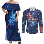 Proud To Be Australian Couples Matching Off Shoulder Maxi Dress and Long Sleeve Button Shirt Australia Flag Day Waving Commonwealth Star