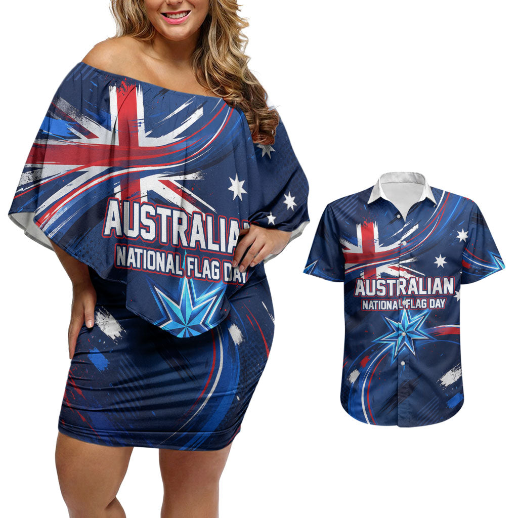Proud To Be Australian Couples Matching Off Shoulder Short Dress and Hawaiian Shirt Australia Flag Day Waving Commonwealth Star