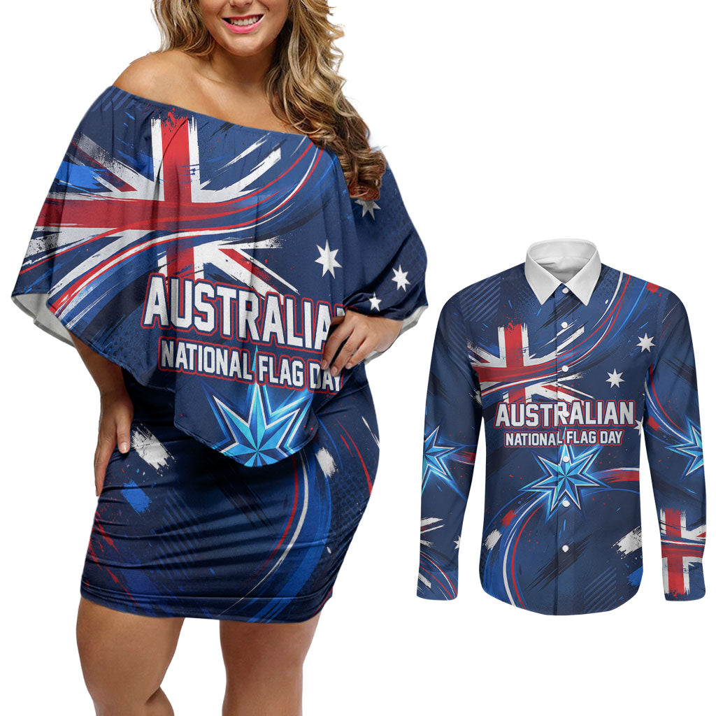 Proud To Be Australian Couples Matching Off Shoulder Short Dress and Long Sleeve Button Shirt Australia Flag Day Waving Commonwealth Star