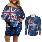 Proud To Be Australian Couples Matching Off Shoulder Short Dress and Long Sleeve Button Shirt Australia Flag Day Waving Commonwealth Star