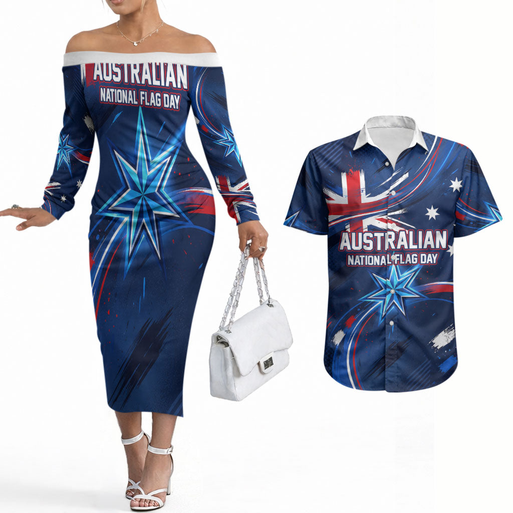 Proud To Be Australian Couples Matching Off The Shoulder Long Sleeve Dress and Hawaiian Shirt Australia Flag Day Waving Commonwealth Star