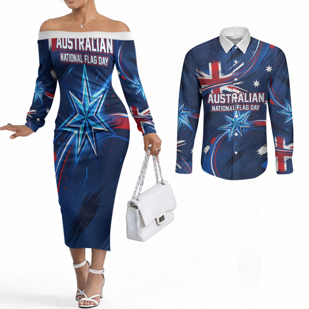 Proud To Be Australian Couples Matching Off The Shoulder Long Sleeve Dress and Long Sleeve Button Shirt Australia Flag Day Waving Commonwealth Star
