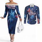 Proud To Be Australian Couples Matching Off The Shoulder Long Sleeve Dress and Long Sleeve Button Shirt Australia Flag Day Waving Commonwealth Star