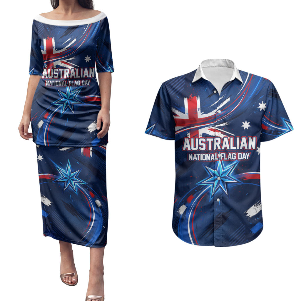 Proud To Be Australian Couples Matching Puletasi and Hawaiian Shirt Australia Flag Day Waving Commonwealth Star