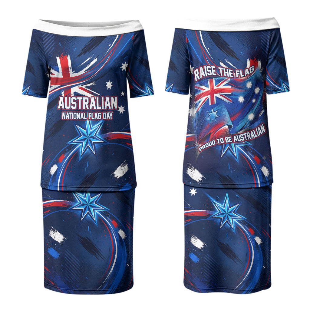 Proud To Be Australian Couples Matching Puletasi and Long Sleeve Button Shirt Australia Flag Day Waving Commonwealth Star