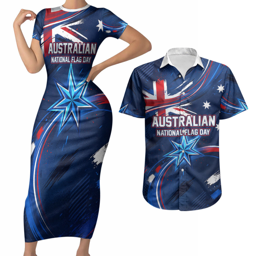 Proud To Be Australian Couples Matching Short Sleeve Bodycon Dress and Hawaiian Shirt Australia Flag Day Waving Commonwealth Star