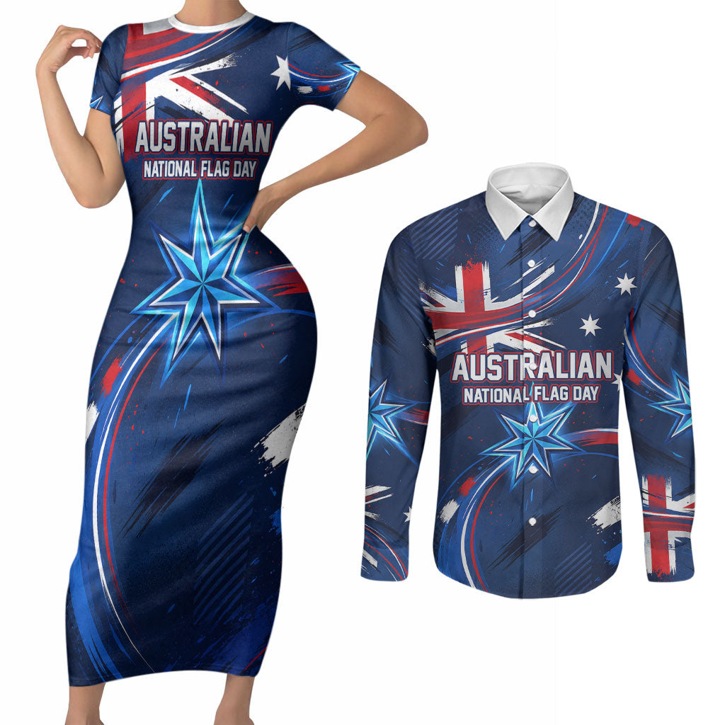 Proud To Be Australian Couples Matching Short Sleeve Bodycon Dress and Long Sleeve Button Shirt Australia Flag Day Waving Commonwealth Star
