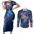 Proud To Be Australian Couples Matching Short Sleeve Bodycon Dress and Long Sleeve Button Shirt Australia Flag Day Waving Commonwealth Star
