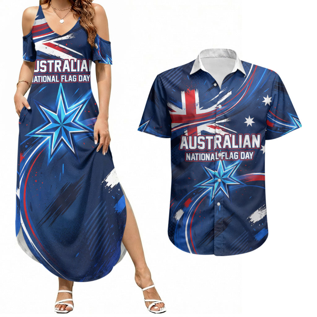 Proud To Be Australian Couples Matching Summer Maxi Dress and Hawaiian Shirt Australia Flag Day Waving Commonwealth Star