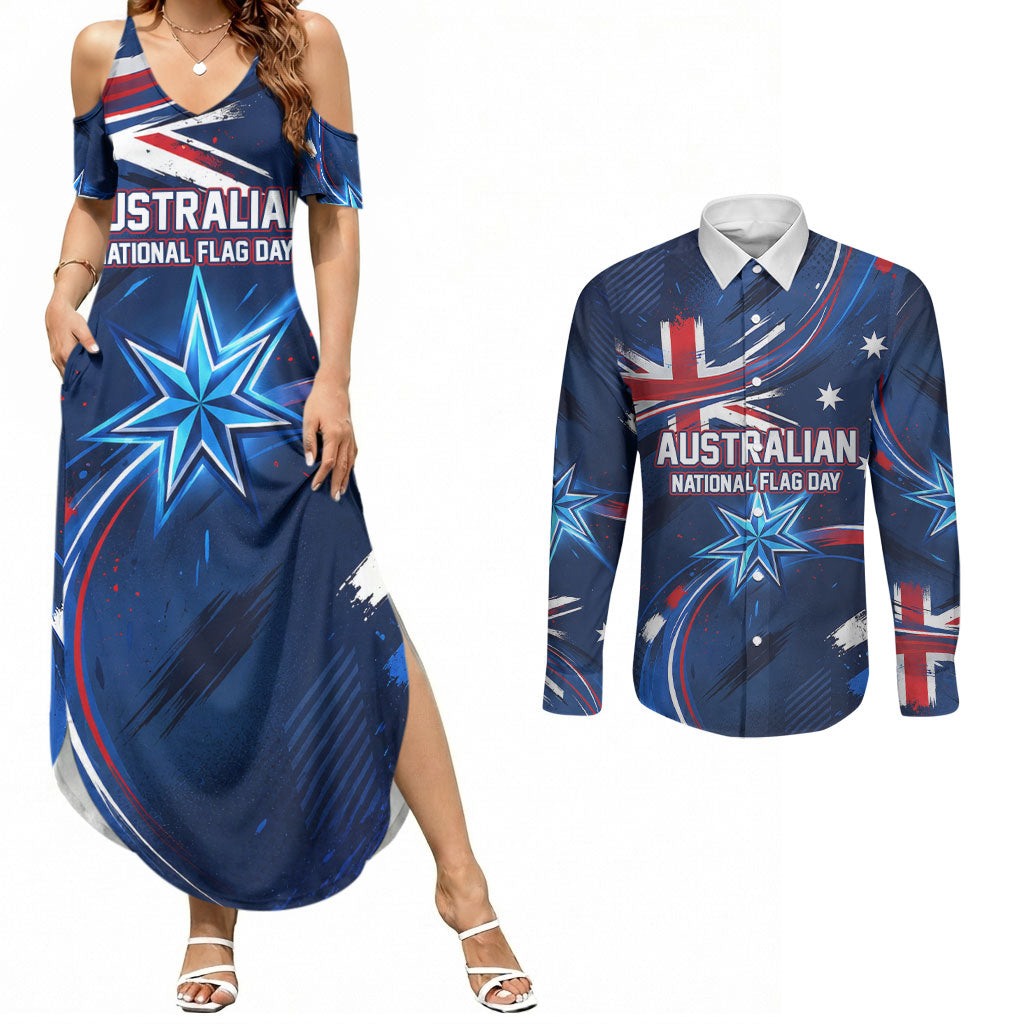 Proud To Be Australian Couples Matching Summer Maxi Dress and Long Sleeve Button Shirt Australia Flag Day Waving Commonwealth Star