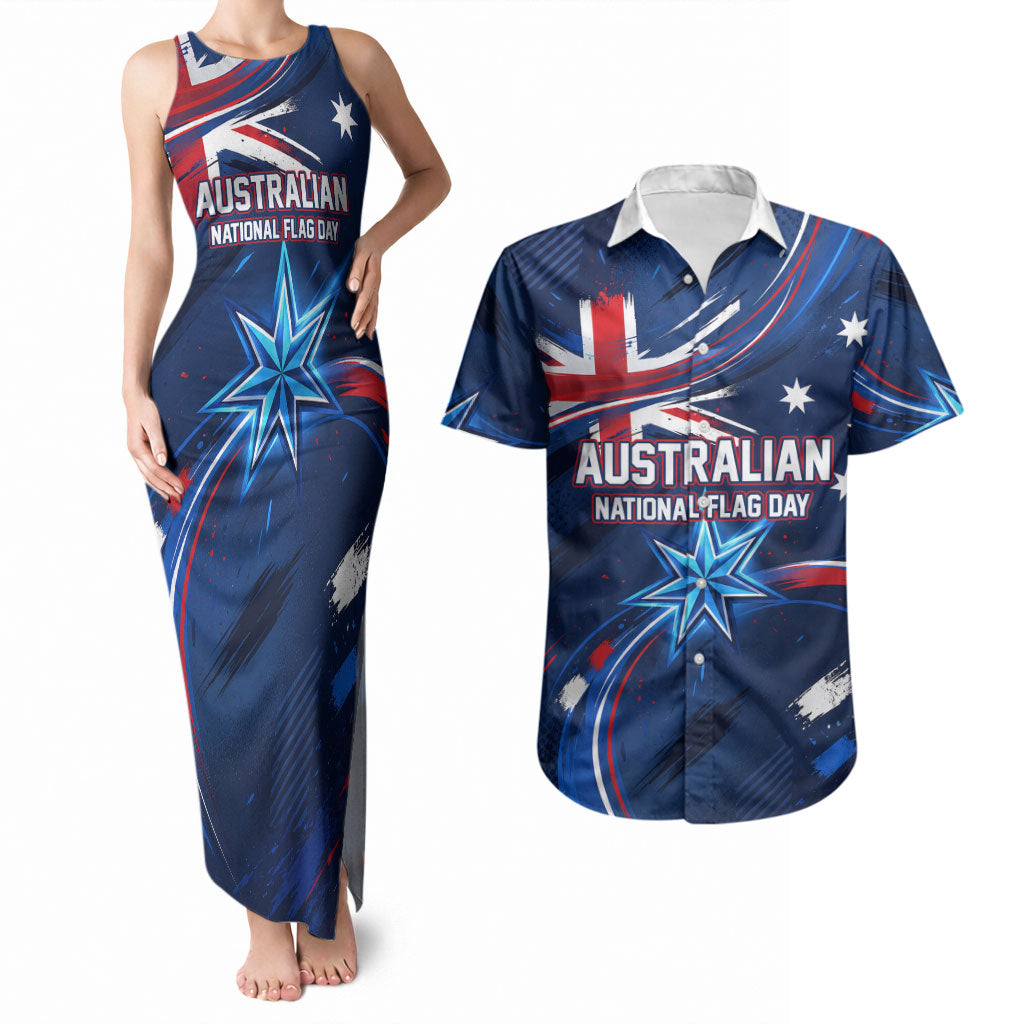 Proud To Be Australian Couples Matching Tank Maxi Dress and Hawaiian Shirt Australia Flag Day Waving Commonwealth Star