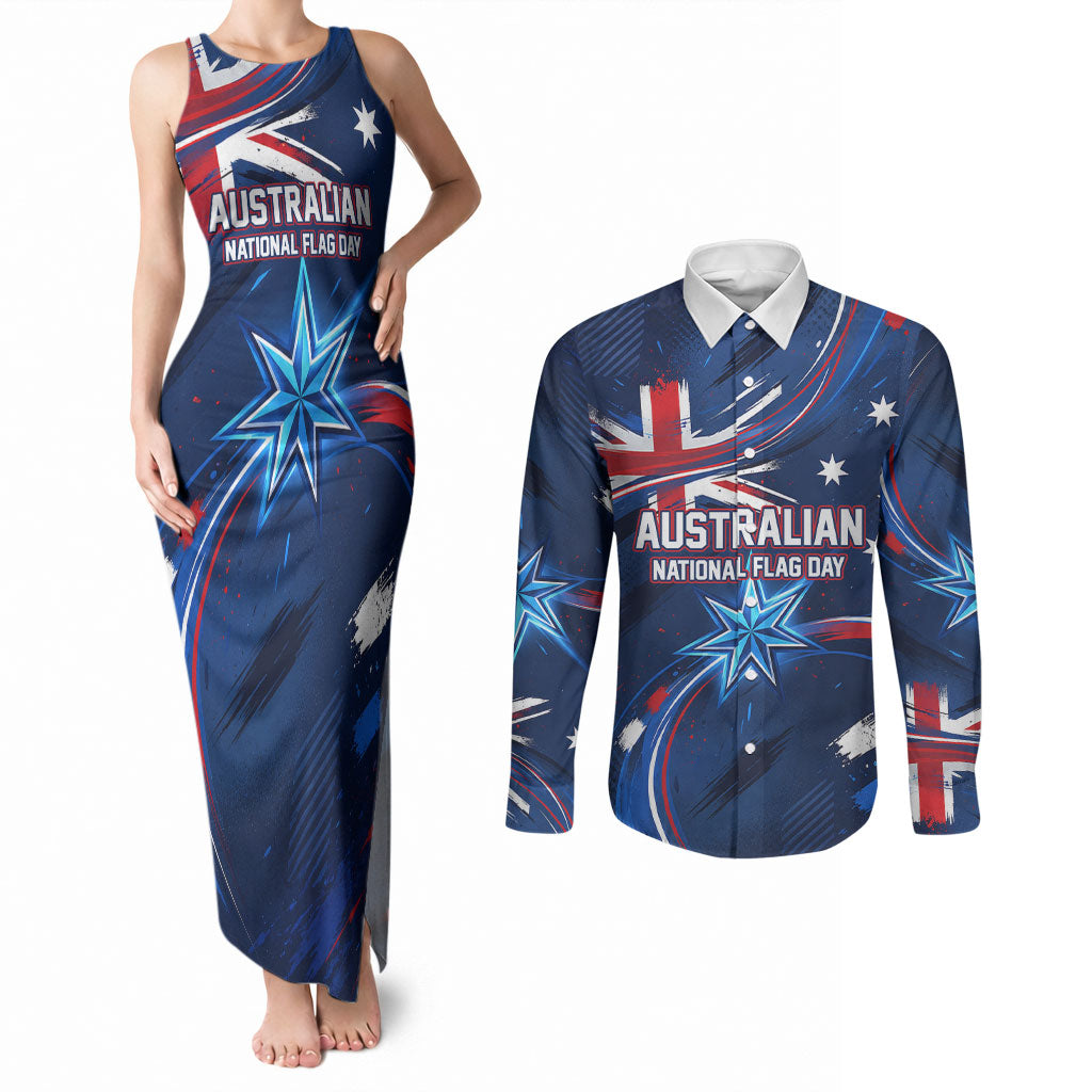 Proud To Be Australian Couples Matching Tank Maxi Dress and Long Sleeve Button Shirt Australia Flag Day Waving Commonwealth Star