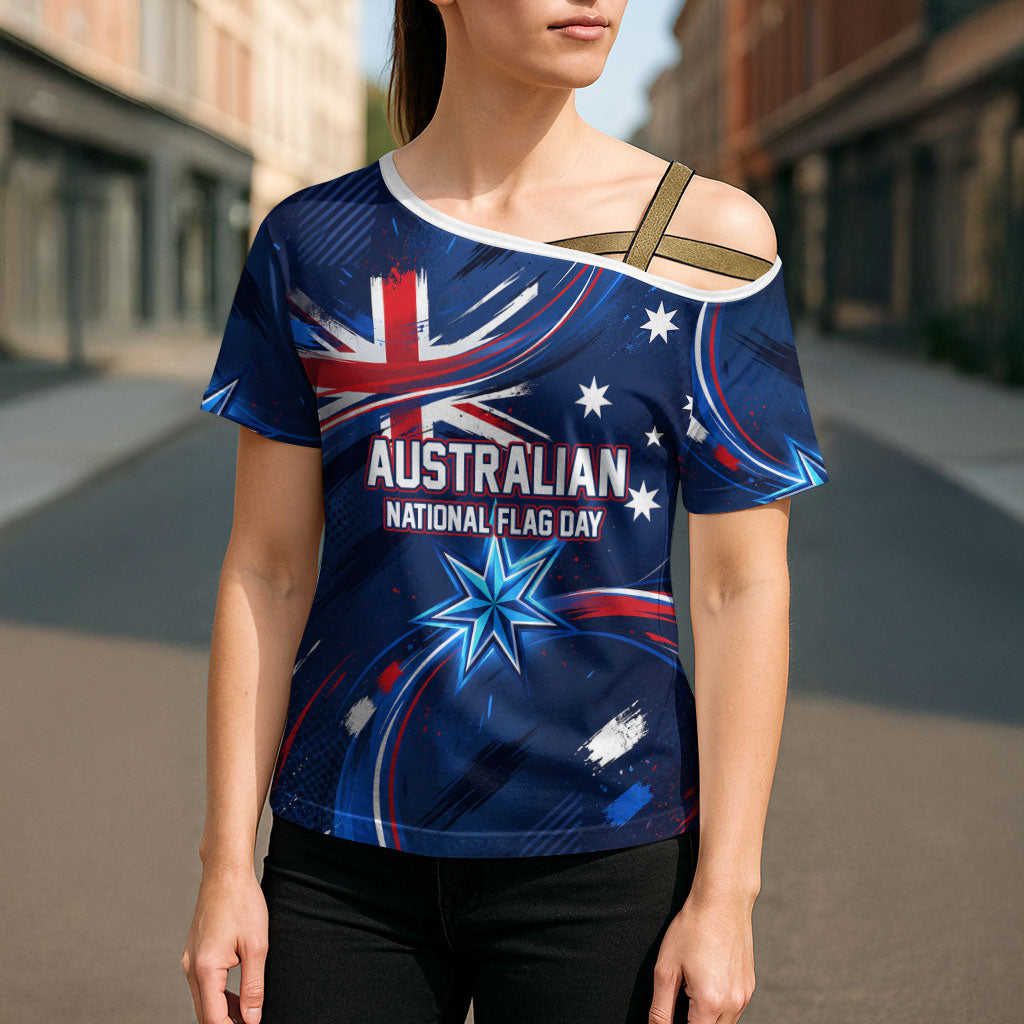Proud To Be Australian Cross Shoulder Shirt Australia Flag Day Waving Commonwealth Star