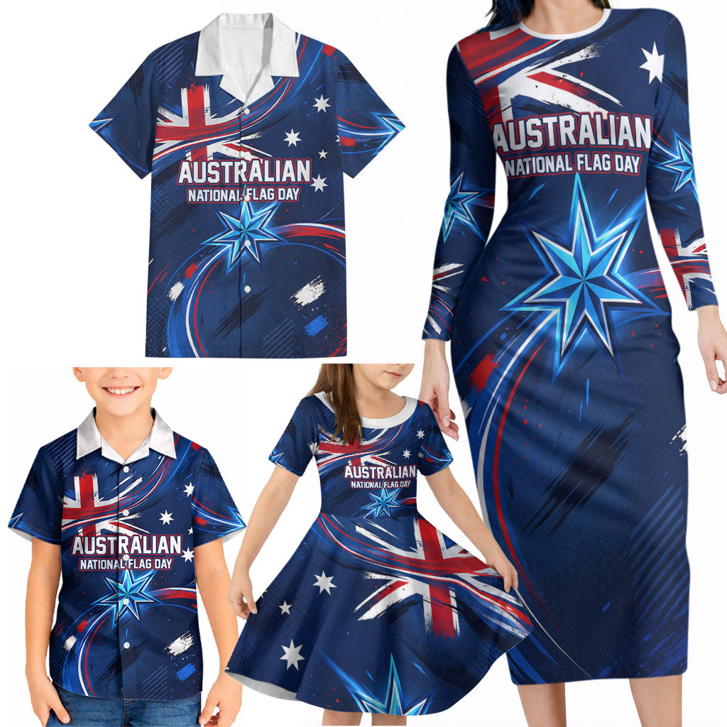 Proud To Be Australian Family Matching Long Sleeve Bodycon Dress and Hawaiian Shirt Australia Flag Day Waving Commonwealth Star