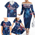 Proud To Be Australian Family Matching Off The Shoulder Long Sleeve Dress and Hawaiian Shirt Australia Flag Day Waving Commonwealth Star