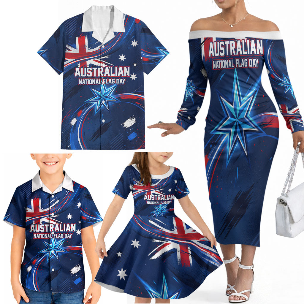 Proud To Be Australian Family Matching Off The Shoulder Long Sleeve Dress and Hawaiian Shirt Australia Flag Day Waving Commonwealth Star