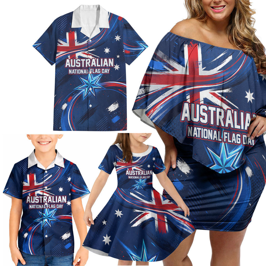 Proud To Be Australian Family Matching Off Shoulder Short Dress and Hawaiian Shirt Australia Flag Day Waving Commonwealth Star