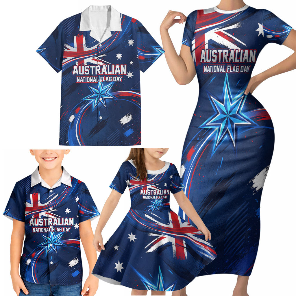 Proud To Be Australian Family Matching Short Sleeve Bodycon Dress and Hawaiian Shirt Australia Flag Day Waving Commonwealth Star