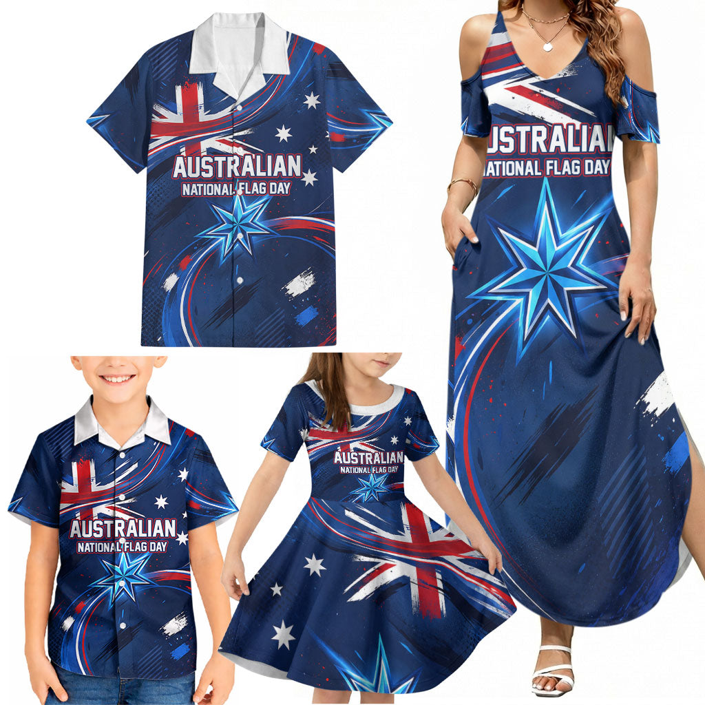 Proud To Be Australian Family Matching Summer Maxi Dress and Hawaiian Shirt Australia Flag Day Waving Commonwealth Star