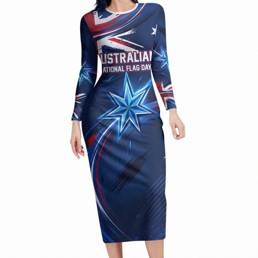 Proud To Be Australian Long Sleeve Bodycon Dress Australia Flag Day Waving Commonwealth Star
