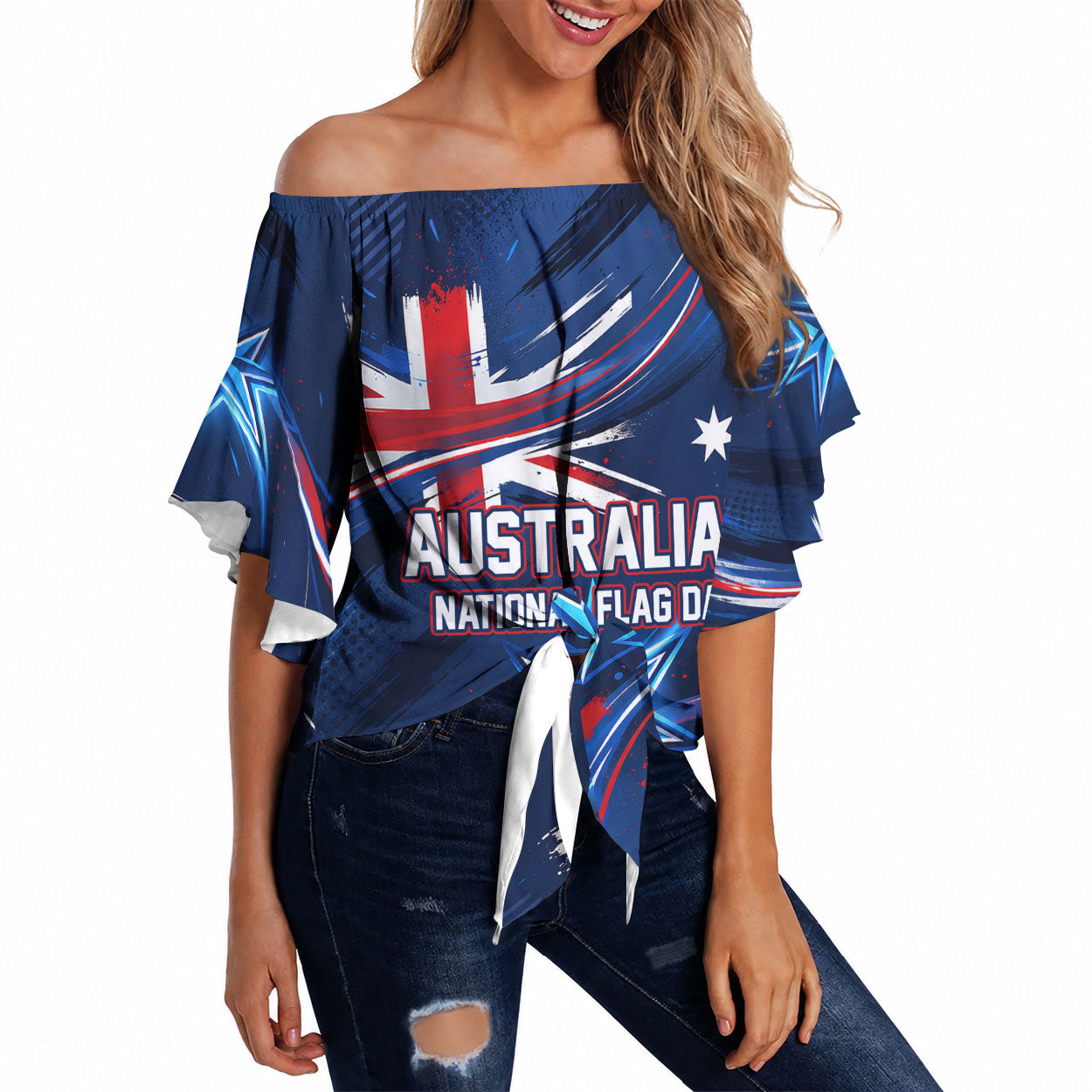 Proud To Be Australian Off Shoulder Wrap Waist Top Australia Flag Day Waving Commonwealth Star