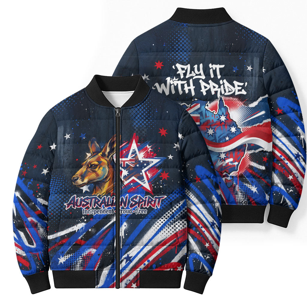 Australian National Flag Day Bomber Puffer Jacket Kangaroo Mascot and Country Map