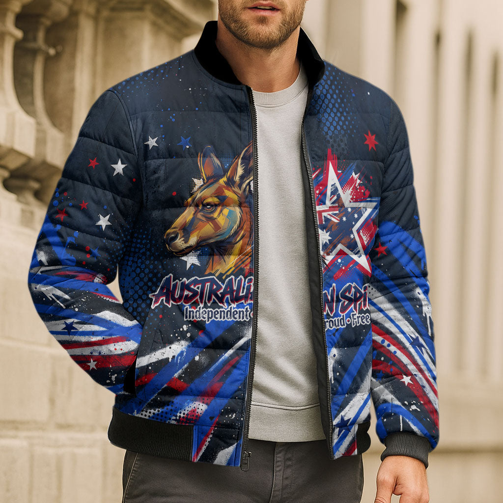 Australian National Flag Day Bomber Puffer Jacket Kangaroo Mascot and Country Map