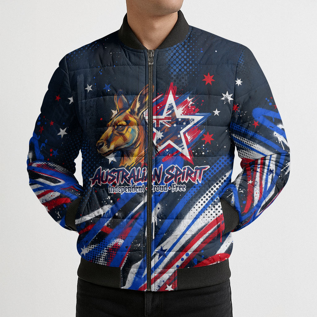 Australian National Flag Day Bomber Puffer Jacket Kangaroo Mascot and Country Map