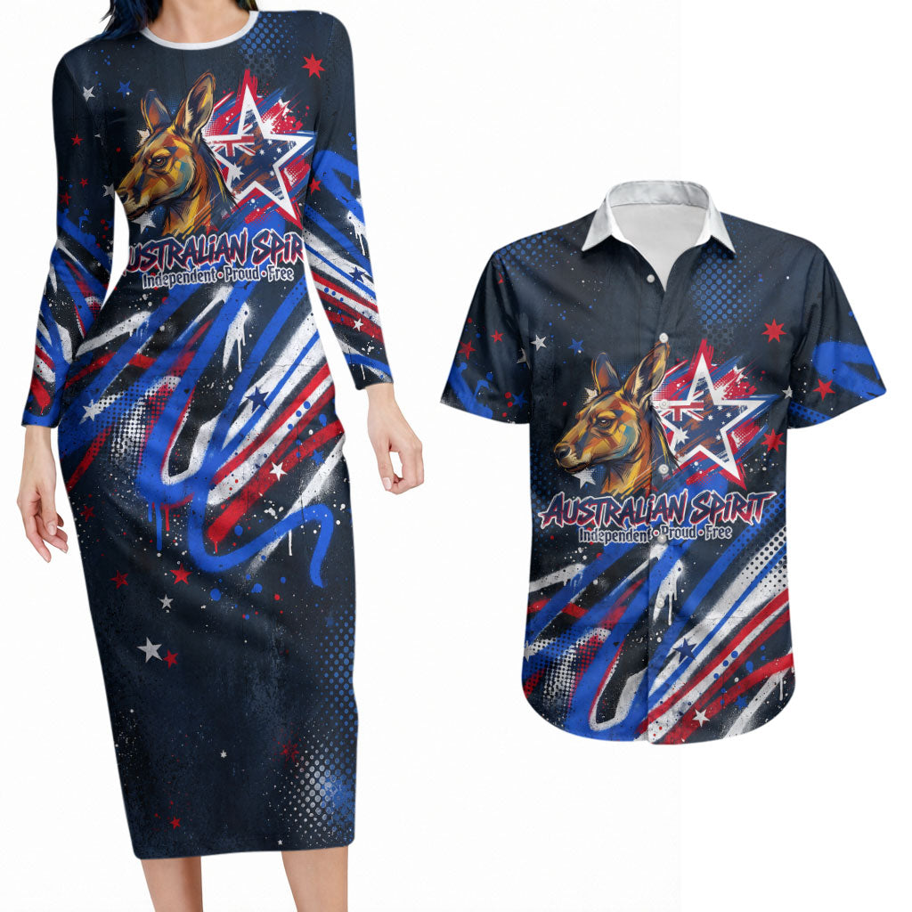 Australian National Flag Day Couples Matching Long Sleeve Bodycon Dress and Hawaiian Shirt Kangaroo Mascot and Country Map