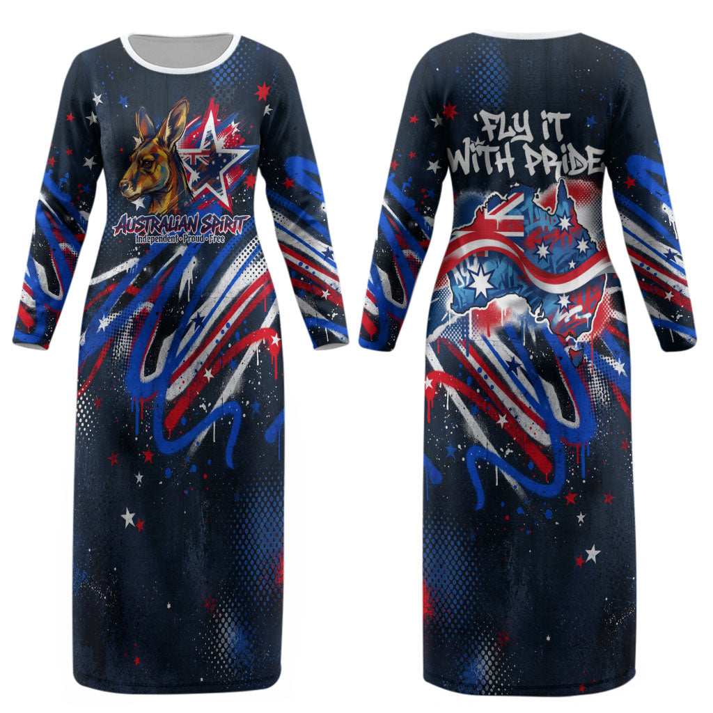 Australian National Flag Day Couples Matching Long Sleeve Bodycon Dress and Hawaiian Shirt Kangaroo Mascot and Country Map