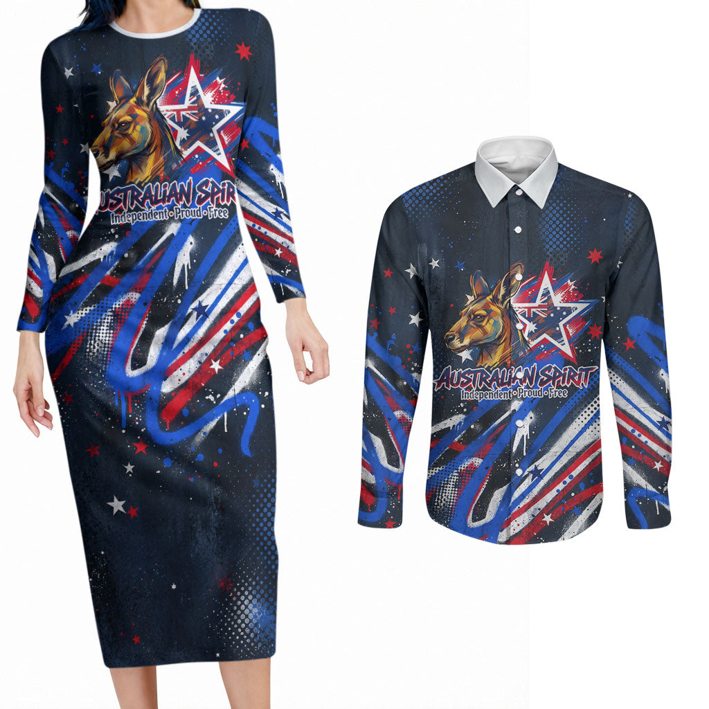 Australian National Flag Day Couples Matching Long Sleeve Bodycon Dress and Long Sleeve Button Shirt Kangaroo Mascot and Country Map