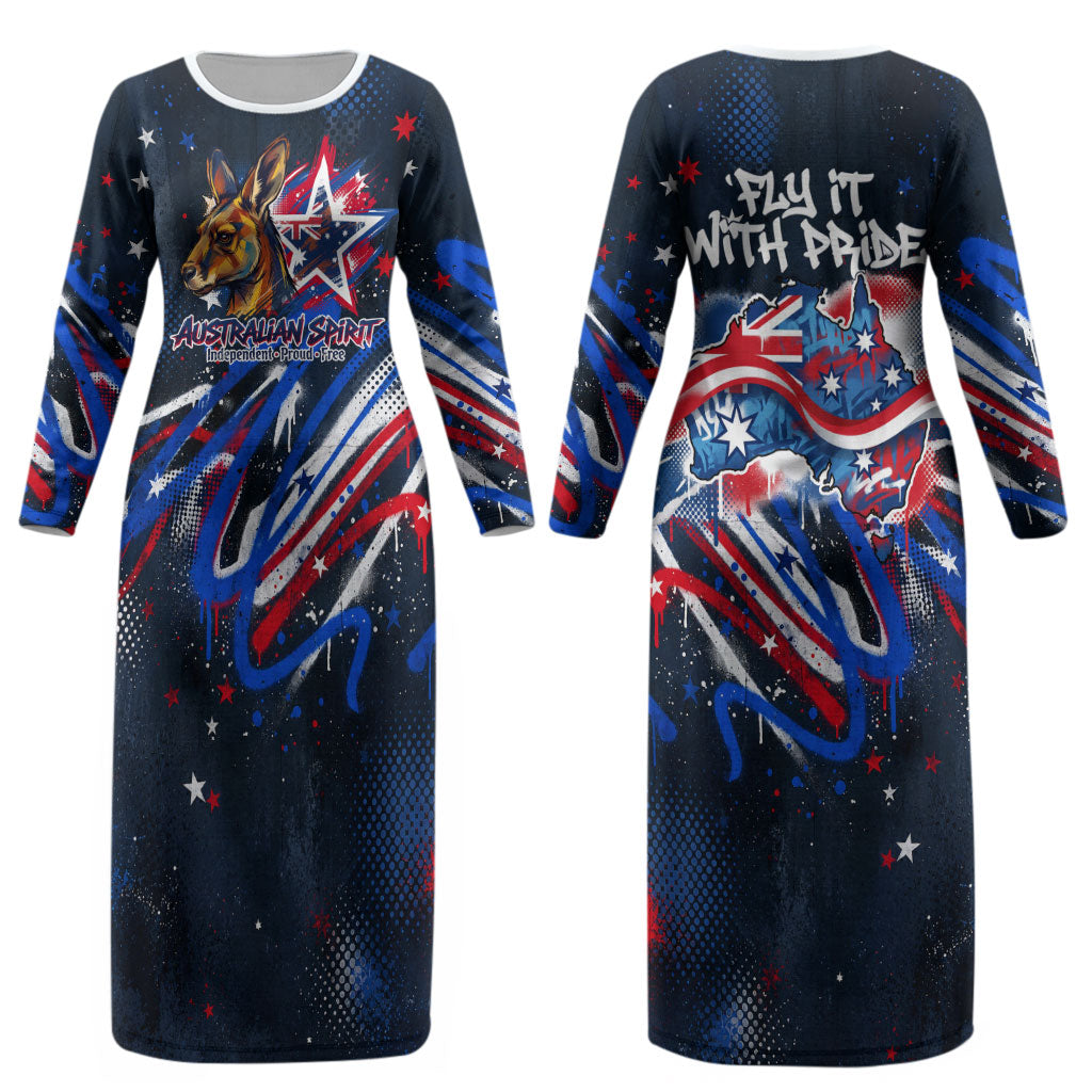 Australian National Flag Day Couples Matching Long Sleeve Bodycon Dress and Long Sleeve Button Shirt Kangaroo Mascot and Country Map