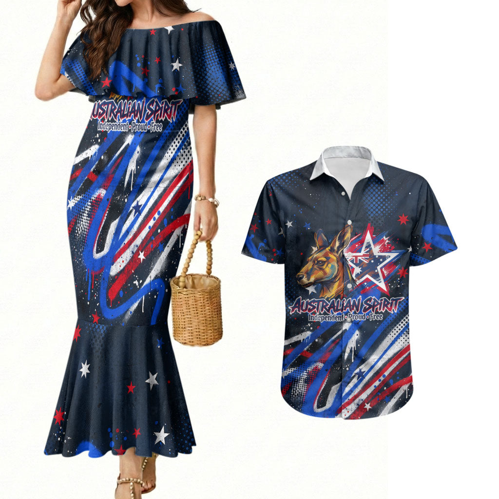 Australian National Flag Day Couples Matching Mermaid Dress and Hawaiian Shirt Kangaroo Mascot and Country Map