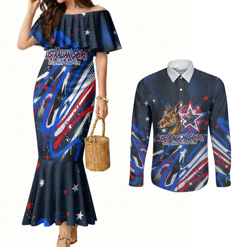 Australian National Flag Day Couples Matching Mermaid Dress and Long Sleeve Button Shirt Kangaroo Mascot and Country Map