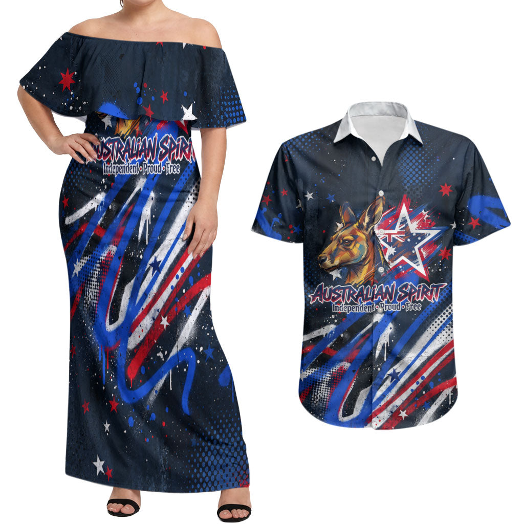 Australian National Flag Day Couples Matching Off Shoulder Maxi Dress and Hawaiian Shirt Kangaroo Mascot and Country Map