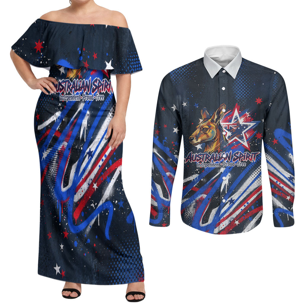 Australian National Flag Day Couples Matching Off Shoulder Maxi Dress and Long Sleeve Button Shirt Kangaroo Mascot and Country Map