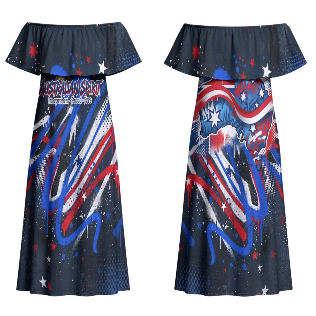 Australian National Flag Day Couples Matching Off Shoulder Maxi Dress and Long Sleeve Button Shirt Kangaroo Mascot and Country Map