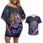 Australian National Flag Day Couples Matching Off Shoulder Short Dress and Hawaiian Shirt Kangaroo Mascot and Country Map