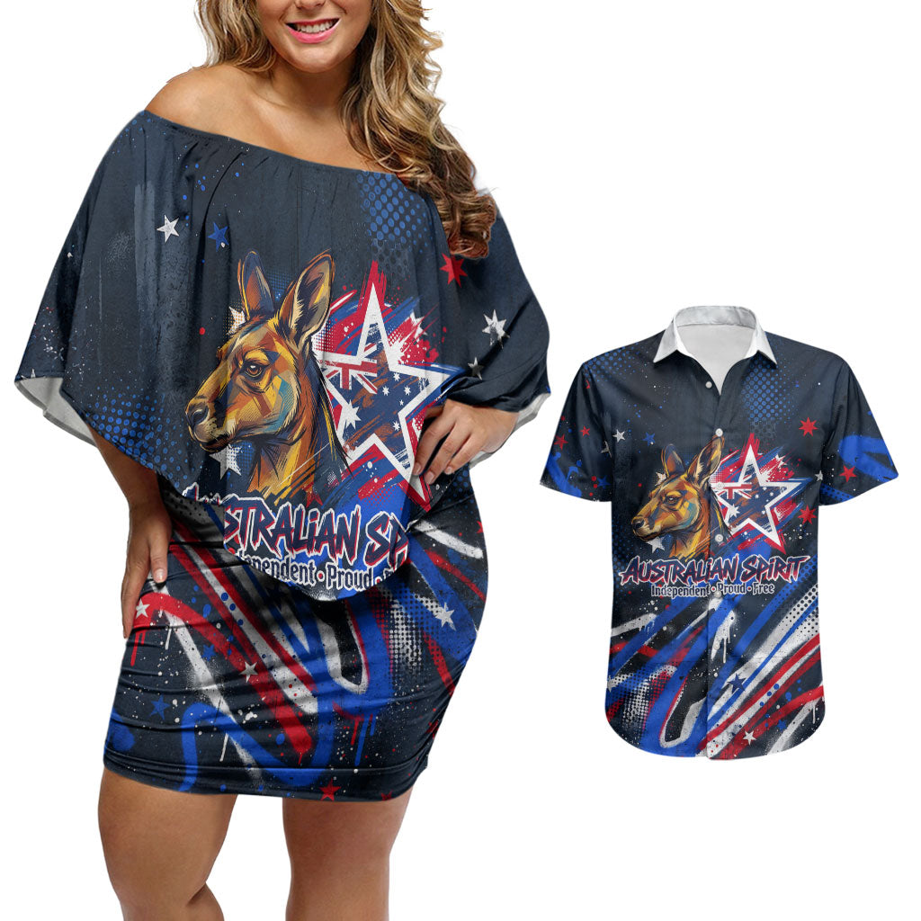 Australian National Flag Day Couples Matching Off Shoulder Short Dress and Hawaiian Shirt Kangaroo Mascot and Country Map