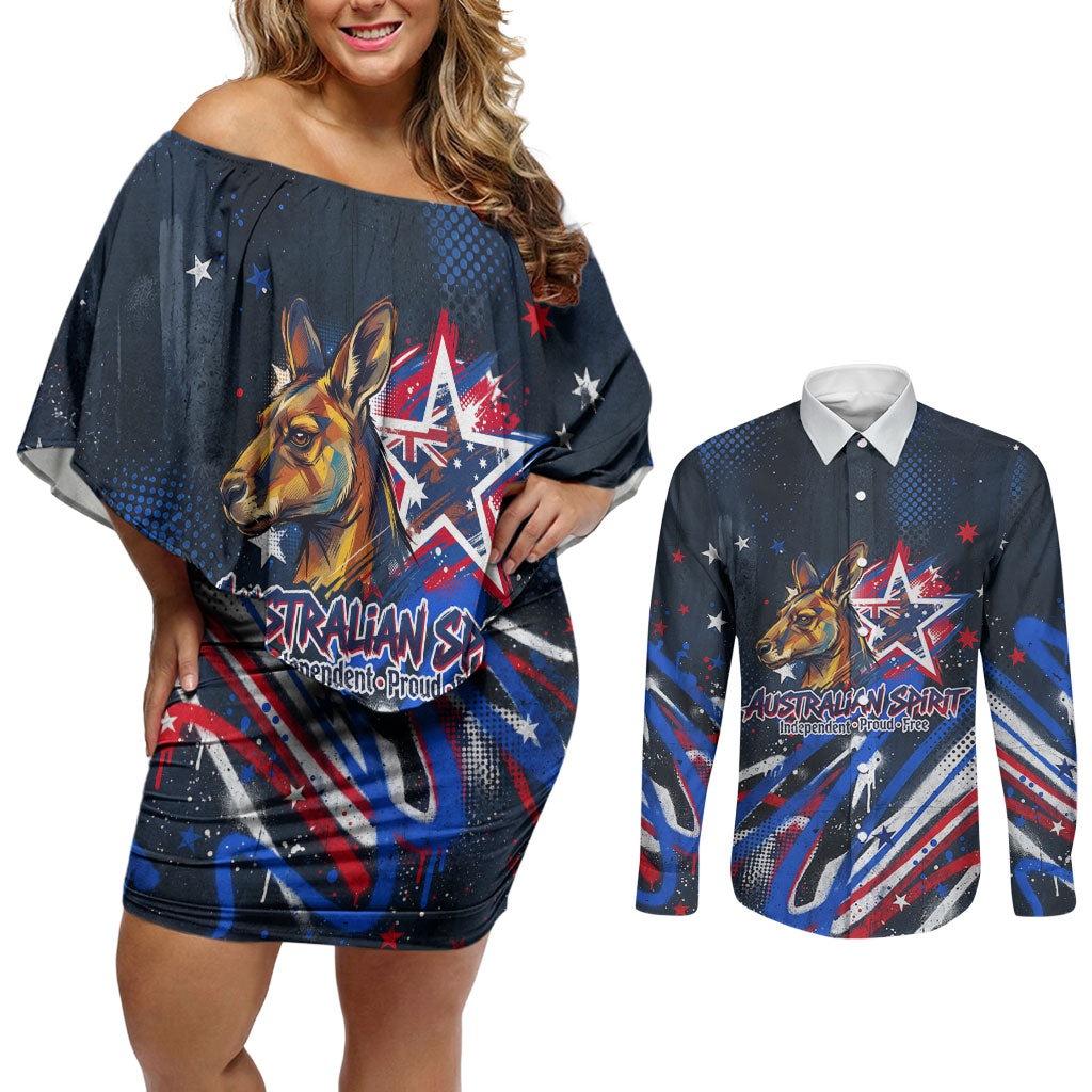 Australian National Flag Day Couples Matching Off Shoulder Short Dress and Long Sleeve Button Shirt Kangaroo Mascot and Country Map