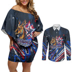 Australian National Flag Day Couples Matching Off Shoulder Short Dress and Long Sleeve Button Shirt Kangaroo Mascot and Country Map